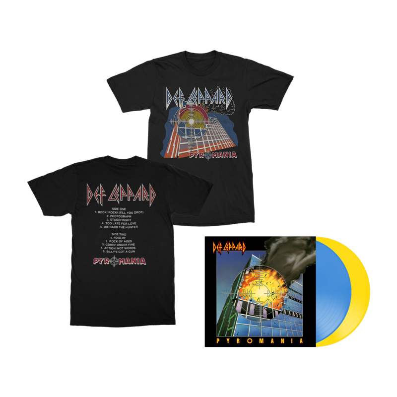 Pyromania von Def Leppard - Exclusive Blue & Yellow Coloured 2LP + Tracklist T-Shirt jetzt im Bravado Store