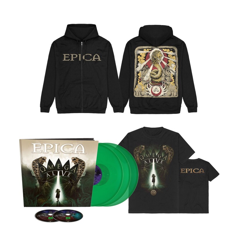 Omega Alive Bundle (Ltd Earbook 3LP Green + DVD / BluRay + Shirt + Zipper) von Epica - LP Bundle jetzt im Bravado Store