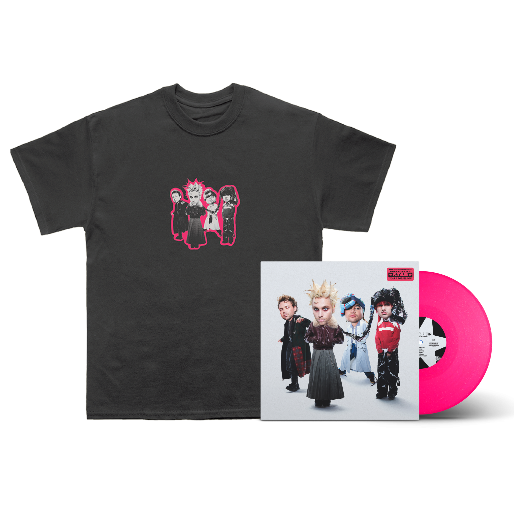 5 Seconds of Summer EVERYONE'S A STAR Hot Pink Glitter Vinyl + T-Shirt Bundle 423666