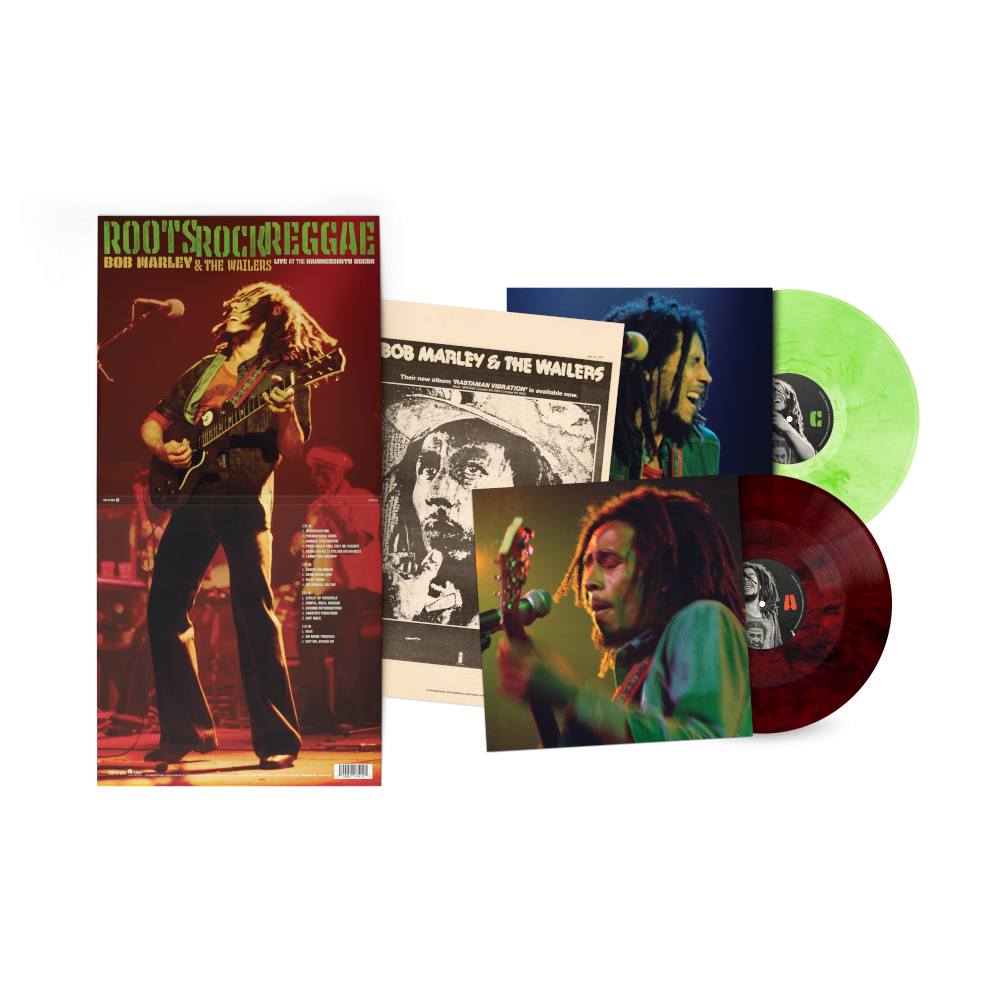 Bob Marley Roots, Rock, Reggae: Live at the Hammersmith Odeon Limited Molten Lava Red And Peridot Swirl Green Vinyl 2LP 449636