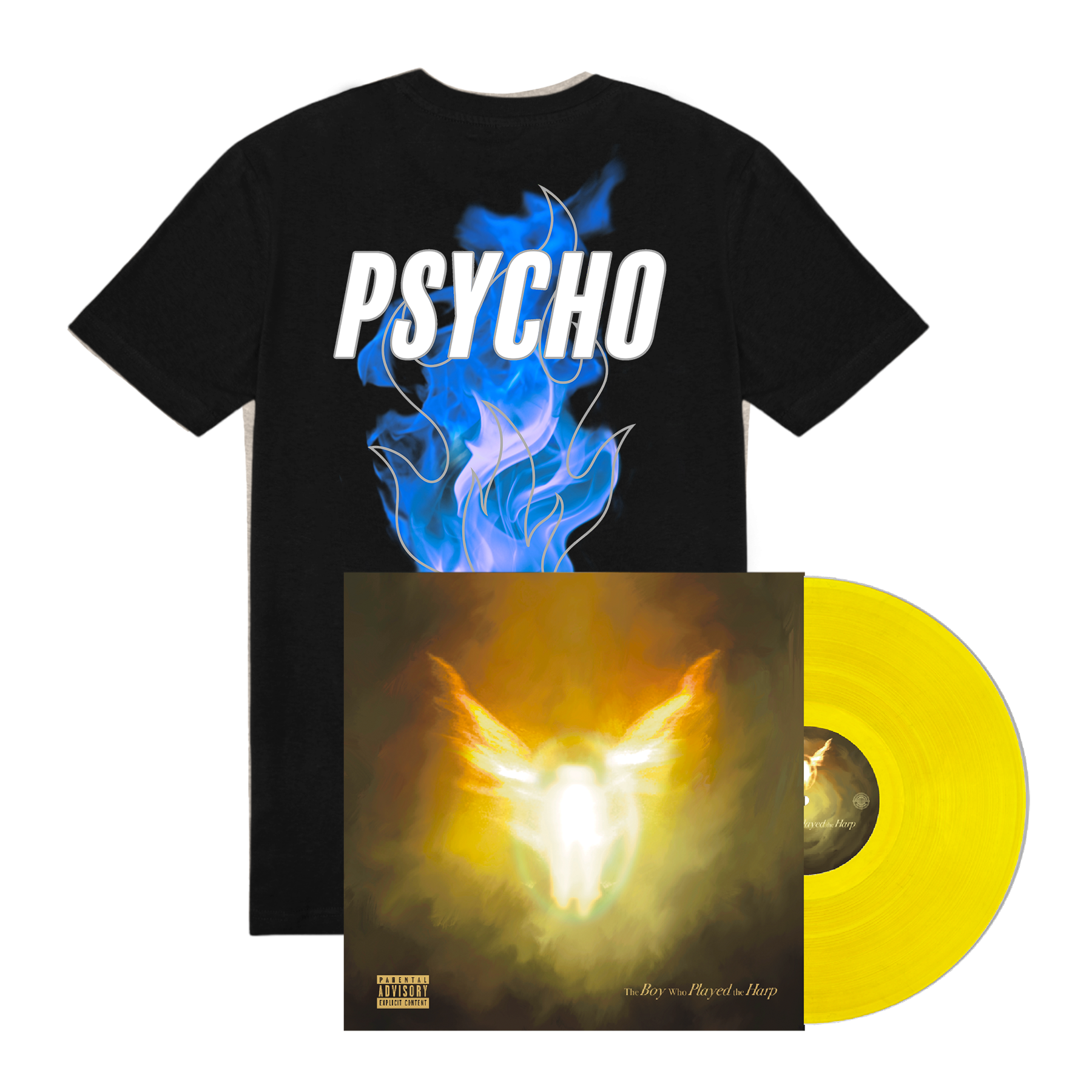 Dave The Boy Who Played the Harp  Yellow 2LP Vinyl + Psycho 3M Blue Flame Black Tee Bundle 425650