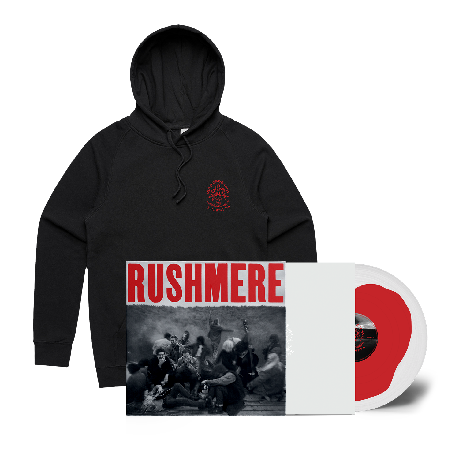 Mumford & Sons RUSHMERE  Monochrome Red on Clear Vinyl LP + Black Stamp Hoodie 393897
