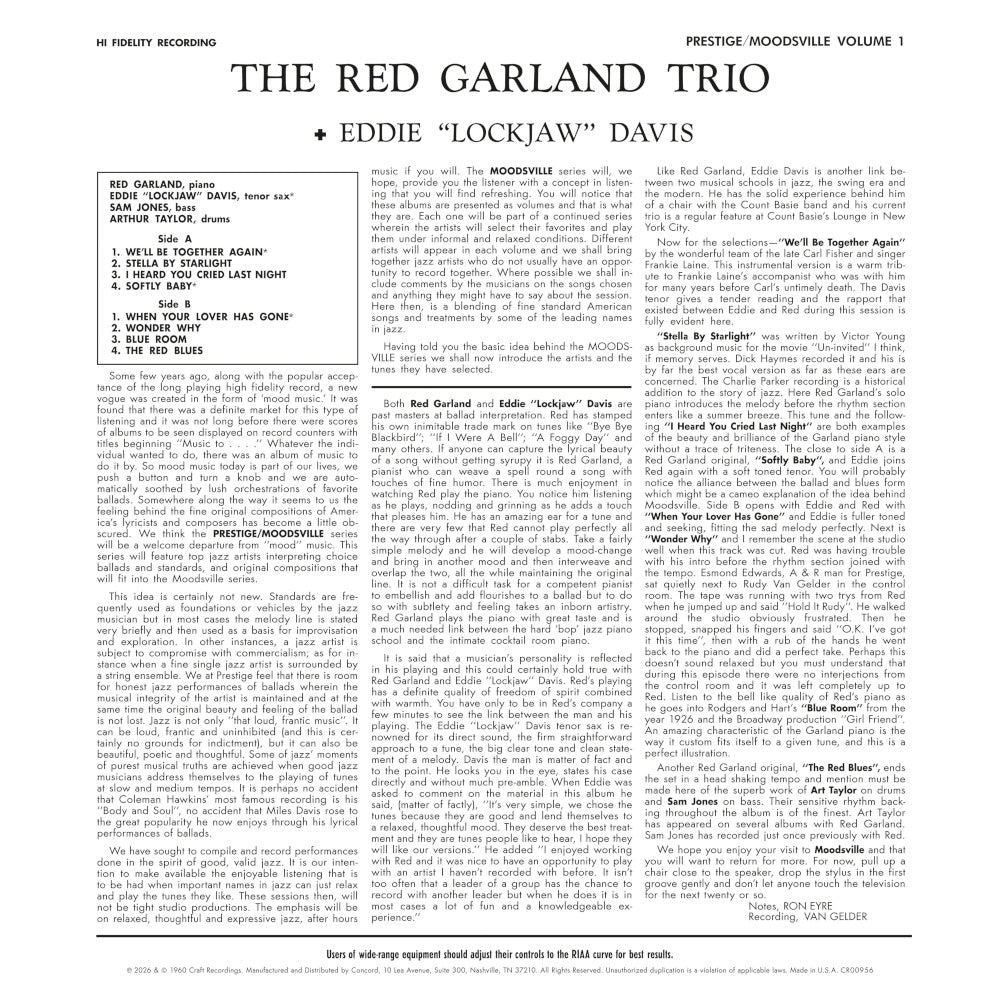 The Red Garland Trio & Eddie Fisher Quintet Moodsville Volume 1 (Moodsville Acoustic Sounds Series) Acoustic Sounds Vinyl 454401